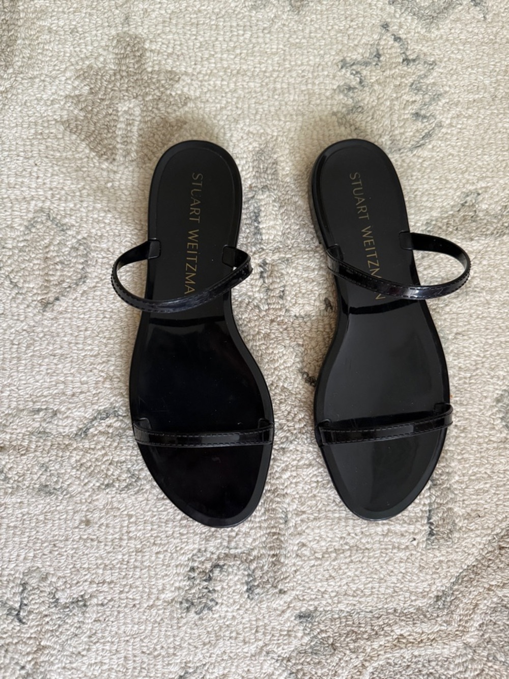 Stuart Weitzman Sawyer Black Patent Two-Strap Slide Sandals